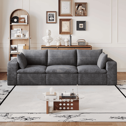 Sofá modular de 260 cm - 3 lugares em veludo, design de dupla camada, almofadas com capas removíveis - Cinza escuro Sofá modular de 260 cm - 3 lugares em veludo, design de dupla camada, almofadas com capas removíveis - Cinza escuro