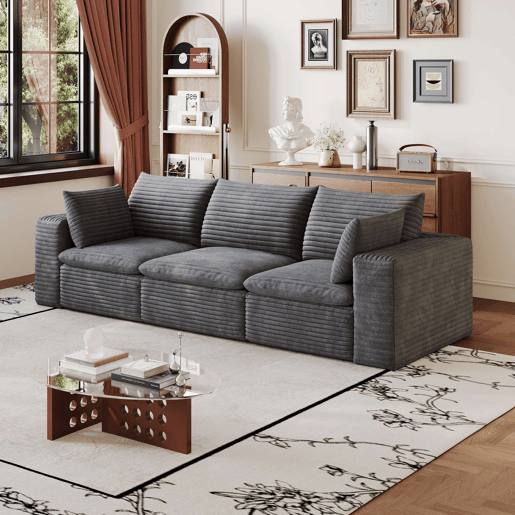 Sofá modular de 260 cm - 3 lugares em veludo, design de dupla camada, almofadas com capas removíveis - Cinza escuro Sofá modular de 260 cm - 3 lugares em veludo, design de dupla camada, almofadas com capas removíveis - Cinza escuro