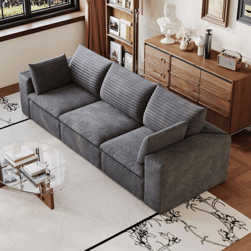 Sofá modular de 260 cm - 3 lugares em veludo, design de dupla camada, almofadas com capas removíveis - Cinza escuro Sofá modular de 260 cm - 3 lugares em veludo, design de dupla camada, almofadas com capas removíveis - Cinza escuro
