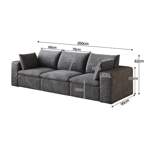 Sofá modular de 260 cm - 3 lugares em veludo, design de dupla camada, almofadas com capas removíveis - Cinza escuro Sofá modular de 260 cm - 3 lugares em veludo, design de dupla camada, almofadas com capas removíveis - Cinza escuro