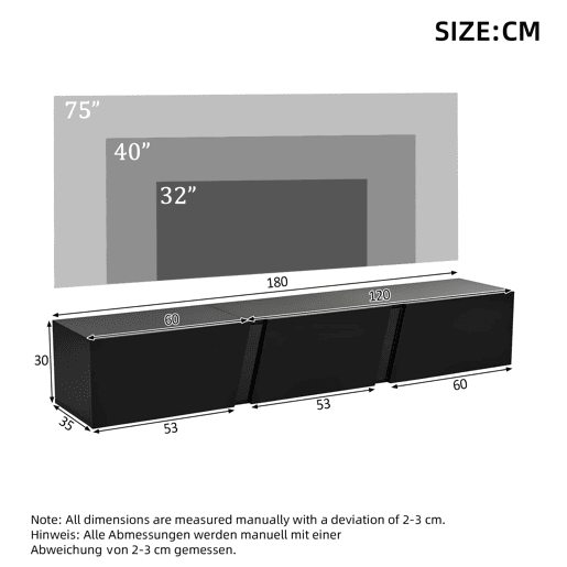 Móvel de TV de parede 180 x 35 x 30 cm - LED, 3 portas, adequado para 75 polegadas, alto brilho - Preto Móvel de TV de parede 180 x 35 x 30 cm - LED, 3 portas, adequado para 75 polegadas, alto brilho - Preto