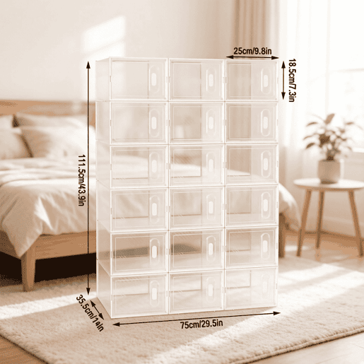 Organizador de sapatos modular de 18 peças u2013 empilhável, multifuncional, para organizar sapatos e arrumação u2013 transparente e branco Organizador de sapatos modular de 18 peças u2013 empilhável, multifuncional, para organizar sapatos e arrumação u2013 transparente e branco