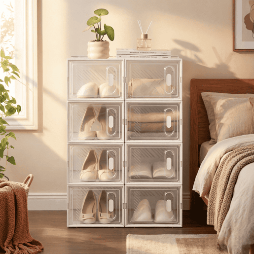 Organizador Modular de Sapatos com 8 Cubos - Empilhável, Organizador Multifuncional para Sapatos e Arrumação - Branco e Transparente Organizador Modular de Sapatos com 8 Cubos - Empilhável, Organizador Multifuncional para Sapatos e Arrumação - Branco e Transparente