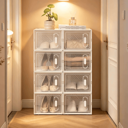 Organizador Modular de Sapatos com 8 Cubos - Empilhável, Organizador Multifuncional para Sapatos e Arrumação - Branco e Transparente Organizador Modular de Sapatos com 8 Cubos - Empilhável, Organizador Multifuncional para Sapatos e Arrumação - Branco e Transparente