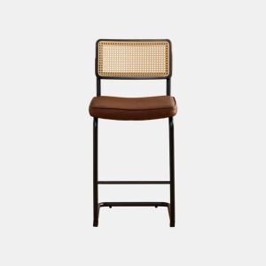 Conjunto de 2 bancos de bar modernos - design de alto brilho, estofados em couro sintético PU de estilo vintage, sem braços, encosto com estrutura em madeira e efeito rattan, pernas metálicas lacadas - Castanho