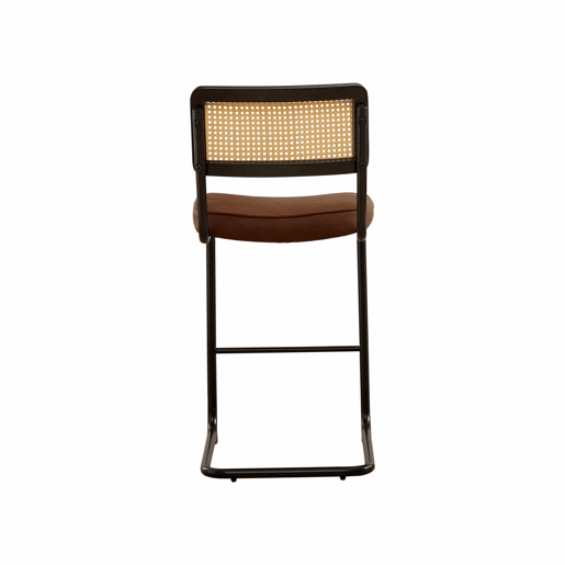 Conjunto de 2 bancos de bar modernos - design de alto brilho, estofados em couro sintético PU de estilo vintage, sem braços, encosto com estrutura em madeira e efeito rattan, pernas metálicas lacadas - Castanho