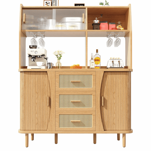 Aparador de 174,5 cm - design em rattan com portas de correr em vidro, grande capacidade de arrumação, acabamento em madeiranogueira, capacidade de carga até 60 kg - madeira