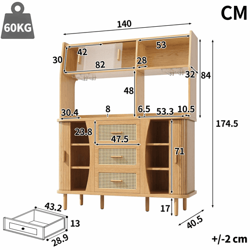 Aparador de 174,5 cm - design em rattan com portas de correr em vidro, grande capacidade de arrumação, acabamento em madeiranogueira, capacidade de carga até 60 kg - madeira