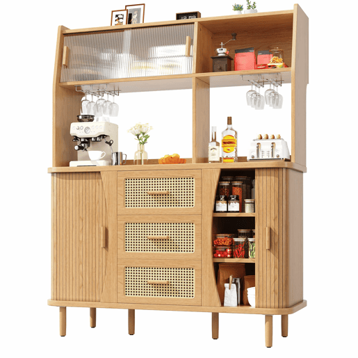 Aparador de 174,5 cm - design em rattan com portas de correr em vidro, grande capacidade de arrumação, acabamento em madeiranogueira, capacidade de carga até 60 kg - madeira