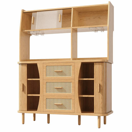 Aparador de 174,5 cm - design em rattan com portas de correr em vidro, grande capacidade de arrumação, acabamento em madeiranogueira, capacidade de carga até 60 kg - madeira