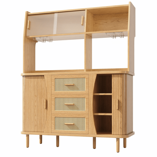 Aparador de 174,5 cm - design em rattan com portas de correr em vidro, grande capacidade de arrumação, acabamento em madeiranogueira, capacidade de carga até 60 kg - madeira