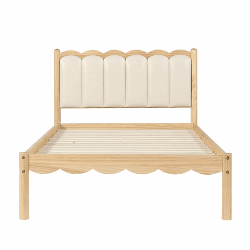 Cama infantil estofada 90 x 200 cm - Cabeceira acolchoada em PU com design ondulado, base de ripas estável, estrutura em madeira maciça - Bege e Natural Cama infantil estofada 90 x 200 cm - Cabeceira acolchoada em PU com design ondulado, base de ripas estável, estrutura em madeira maciça - Bege e Natural