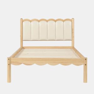 Cama infantil estofada 90 x 200 cm - Cabeceira acolchoada em PU com design ondulado, base de ripas estável, estrutura em madeira maciça - Bege e Natural