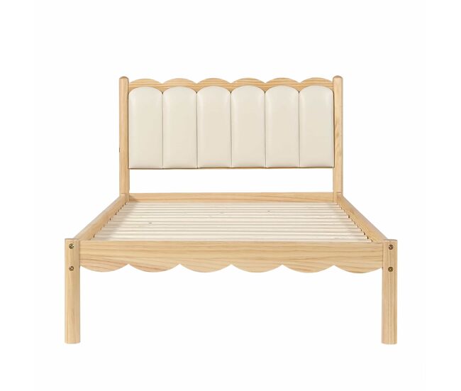 Cama infantil tapizada 90x200 cm - cabecero acolchado de pu con diseño ondulado, somier de láminas estable, estructura de madera maciza - beige y