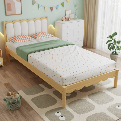Cama infantil estofada 90 x 200 cm - Cabeceira acolchoada em PU com design ondulado, base de ripas estável, estrutura em madeira maciça - Bege e Natural Cama infantil estofada 90 x 200 cm - Cabeceira acolchoada em PU com design ondulado, base de ripas estável, estrutura em madeira maciça - Bege e Natural
