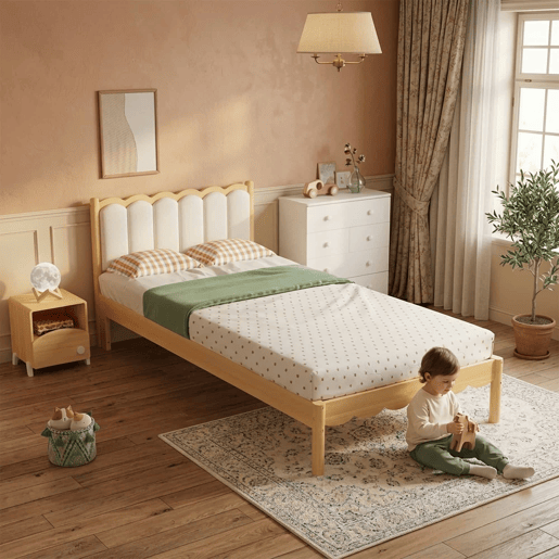 Cama infantil estofada 90 x 200 cm - Cabeceira acolchoada em PU com design ondulado, base de ripas estável, estrutura em madeira maciça - Bege e Natural Cama infantil estofada 90 x 200 cm - Cabeceira acolchoada em PU com design ondulado, base de ripas estável, estrutura em madeira maciça - Bege e Natural
