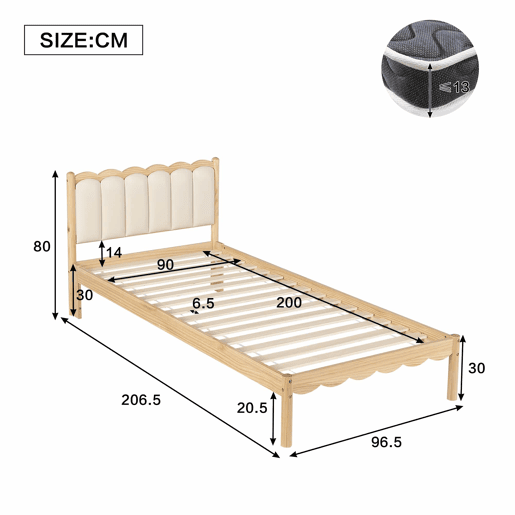 Cama infantil estofada 90 x 200 cm - Cabeceira acolchoada em PU com design ondulado, base de ripas estável, estrutura em madeira maciça - Bege e Natural Cama infantil estofada 90 x 200 cm - Cabeceira acolchoada em PU com design ondulado, base de ripas estável, estrutura em madeira maciça - Bege e Natural