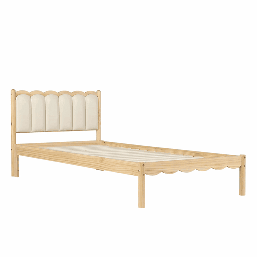 Cama infantil estofada 90 x 200 cm - Cabeceira acolchoada em PU com design ondulado, base de ripas estável, estrutura em madeira maciça - Bege e Natural Cama infantil estofada 90 x 200 cm - Cabeceira acolchoada em PU com design ondulado, base de ripas estável, estrutura em madeira maciça - Bege e Natural
