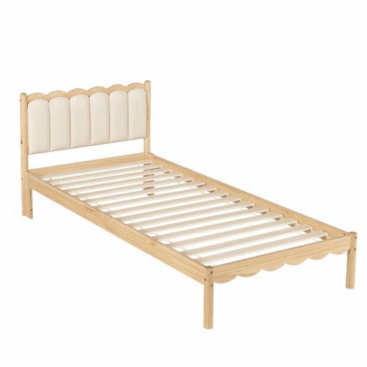 Cama infantil estofada 90 x 200 cm - Cabeceira acolchoada em PU com design ondulado, base de ripas estável, estrutura em madeira maciça - Bege e Natural Cama infantil estofada 90 x 200 cm - Cabeceira acolchoada em PU com design ondulado, base de ripas estável, estrutura em madeira maciça - Bege e Natural