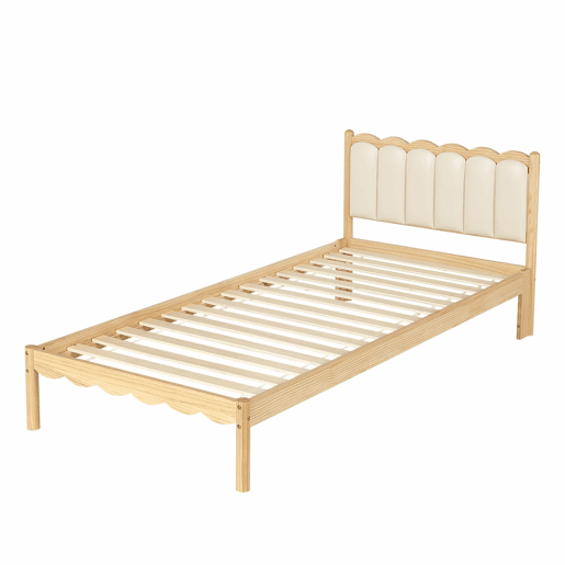 Cama infantil estofada 90 x 200 cm - Cabeceira acolchoada em PU com design ondulado, base de ripas estável, estrutura em madeira maciça - Bege e Natural Cama infantil estofada 90 x 200 cm - Cabeceira acolchoada em PU com design ondulado, base de ripas estável, estrutura em madeira maciça - Bege e Natural