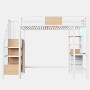 Cama alta em metal 90x200 - com secretária, prateleiras, varão para roupa, iluminação LED e tomada, multifuncional para escritórios e quartos pequenos - branco
