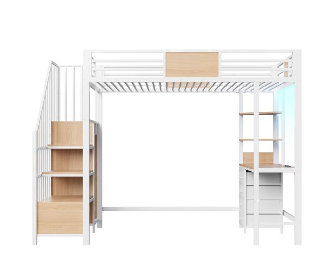 Cama alta de metal 90x200 - con escritorio, estantes, barra de ropa, iluminación led y enchufe, multifuncional para oficina y habitaciones pequeñas -
