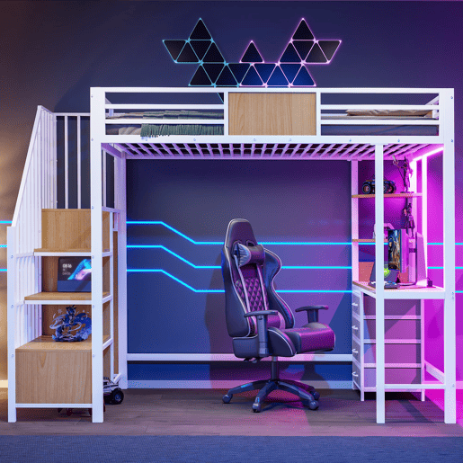 Cama alta em metal 90x200 - com secretária, prateleiras, varão para roupa, iluminação LED e tomada, multifuncional para escritórios e quartos pequenos - branco