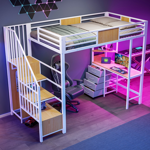 Cama alta em metal 90x200 - com secretária, prateleiras, varão para roupa, iluminação LED e tomada, multifuncional para escritórios e quartos pequenos - branco