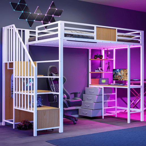 Cama alta em metal 90x200 - com secretária, prateleiras, varão para roupa, iluminação LED e tomada, multifuncional para escritórios e quartos pequenos - branco