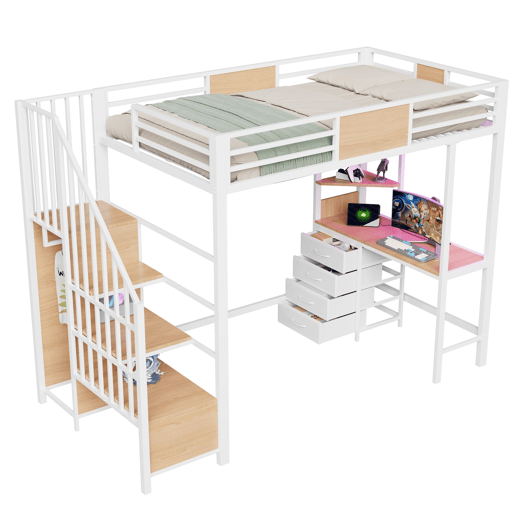 Cama alta em metal 90x200 - com secretária, prateleiras, varão para roupa, iluminação LED e tomada, multifuncional para escritórios e quartos pequenos - branco