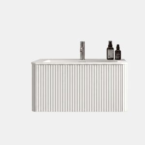 Móvel de casa de banho com lavatório de 81 cm u2013 design com ranhuras, lavatório em resina mineral, suspenso, pré-montado u2013 branco