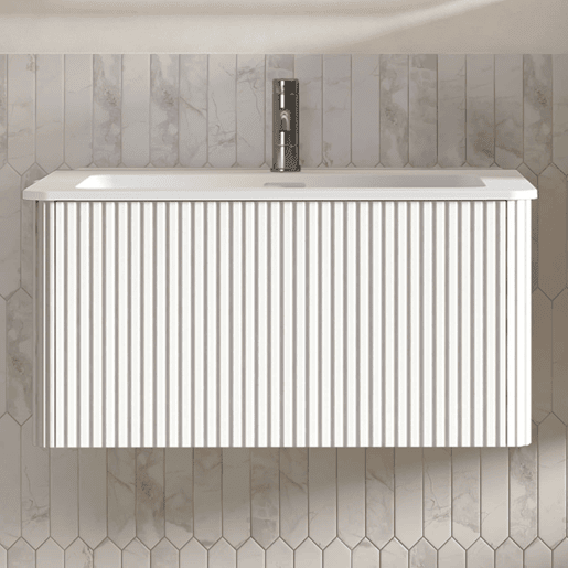 Móvel de casa de banho com lavatório de 81 cm u2013 design com ranhuras, lavatório em resina mineral, suspenso, pré-montado u2013 branco Móvel de casa de banho com lavatório de 81 cm u2013 design com ranhuras, lavatório em resina mineral, suspenso, pré-montado u2013 branco