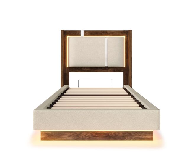 Cama juvenil tapizada 90x200 - con somier, led, arcón de almacenamiento, sistema hidráulico, lino, sin colchón - beige y nogal
