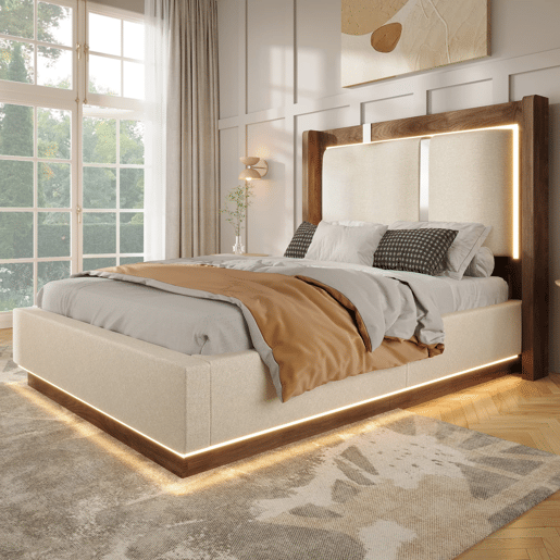 Cama juvenil estofada 90x200 - com base de colchão, LED, baú de arrumação, sistema hidráulico, linho, sem colchão - Bege e nogueira Cama juvenil estofada 90x200 - com base de colchão, LED, baú de arrumação, sistema hidráulico, linho, sem colchão - Bege e nogueira