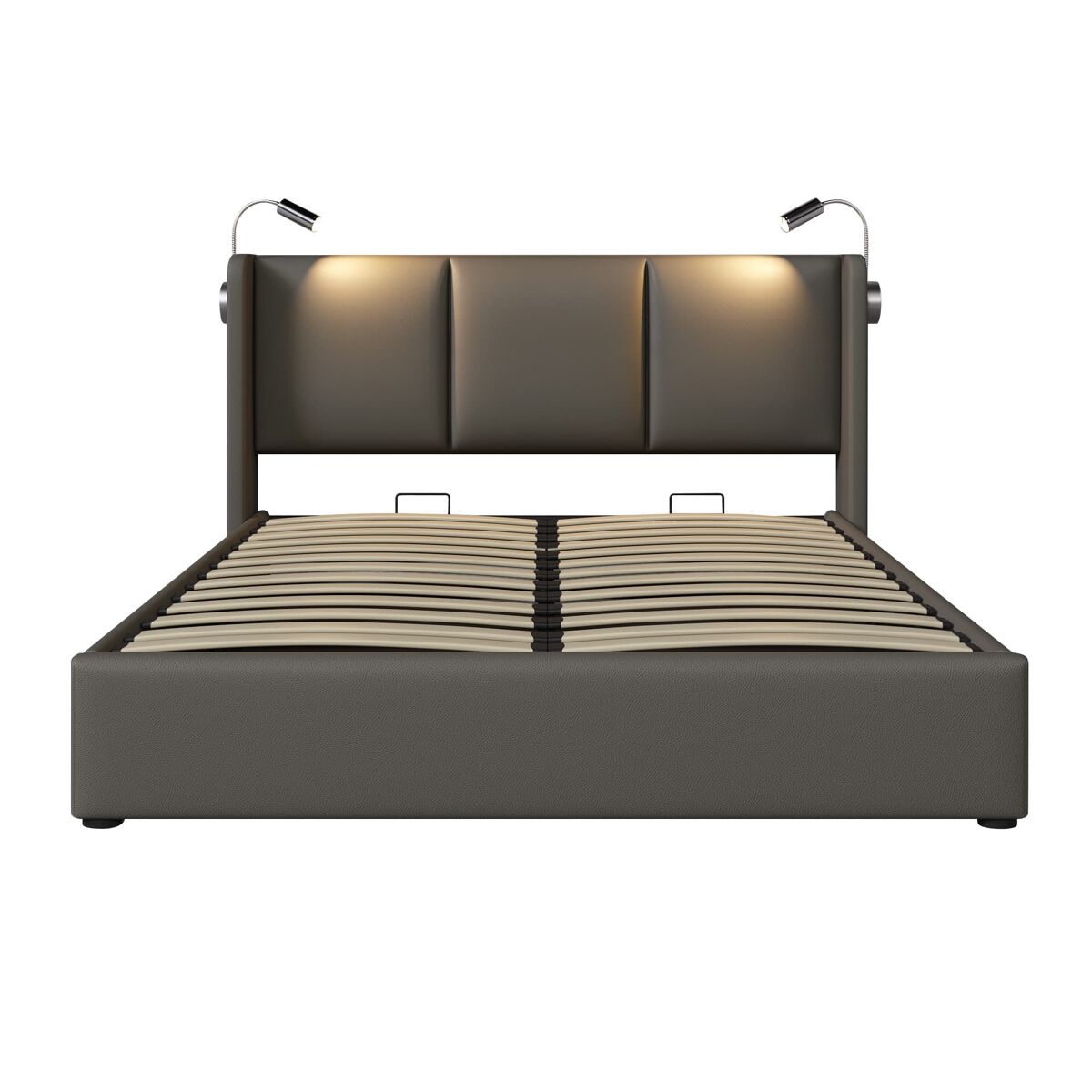 Cama tapizada 180x200 cm - con canapé abatible, iluminación led, 2 puertos usb, sistema hidráulico de elevación, diseño en cuero pu - gris