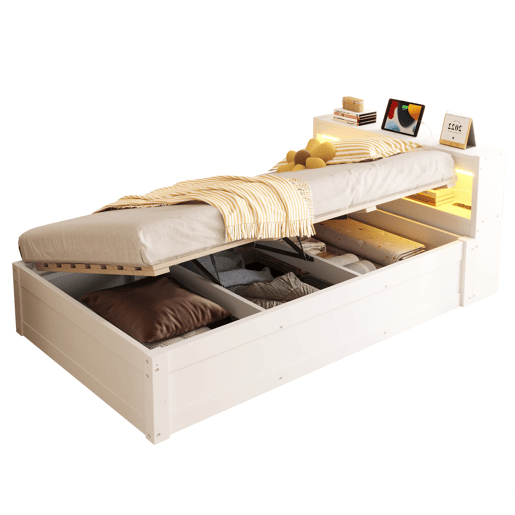 Sofá-cama 90 x 200 cm - tomada europeia, compartimentos de arrumação, fitas LED multicoloridas, mecanismo hidráulico, cama multifuncional em madeira maciça - branco Sofá-cama 90 x 200 cm - tomada europeia, compartimentos de arrumação, fitas LED multicoloridas, mecanismo hidráulico, cama multifuncional em madeira maciça - branco