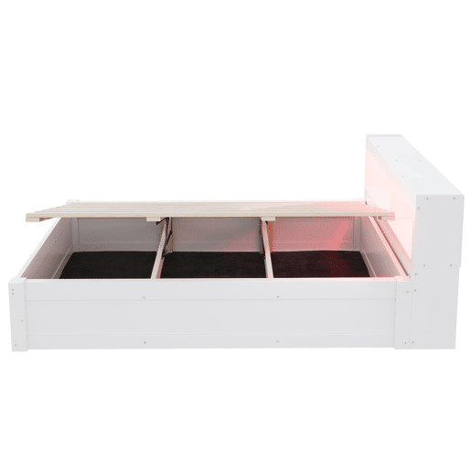 Sofá-cama 90 x 200 cm - tomada europeia, compartimentos de arrumação, fitas LED multicoloridas, mecanismo hidráulico, cama multifuncional em madeira maciça - branco Sofá-cama 90 x 200 cm - tomada europeia, compartimentos de arrumação, fitas LED multicoloridas, mecanismo hidráulico, cama multifuncional em madeira maciça - branco