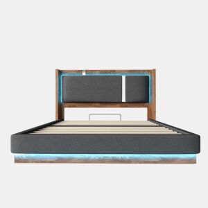 Cama estofada 160x200 - com base de colchão, LED e baú hidráulico - linho cinzento e nogueira