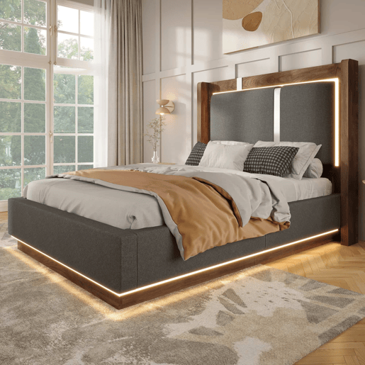 Cama juvenil estofada 90x200 - com LED, baú e base de colchão, sistema hidráulico - cinzenta e nogueira