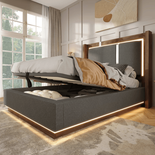 Cama juvenil estofada 90x200 - com LED, baú e base de colchão, sistema hidráulico - cinzenta e nogueira