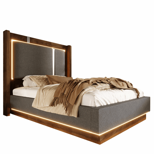Cama juvenil estofada 90x200 - com LED, baú e base de colchão, sistema hidráulico - cinzenta e nogueira