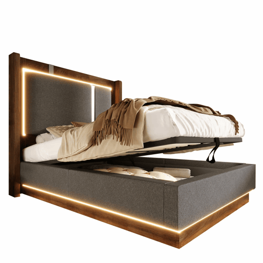 Cama juvenil estofada 90x200 - com LED, baú e base de colchão, sistema hidráulico - cinzenta e nogueira