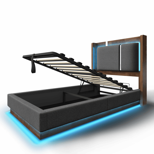 Cama juvenil estofada 90x200 - com LED, baú e base de colchão, sistema hidráulico - cinzenta e nogueira