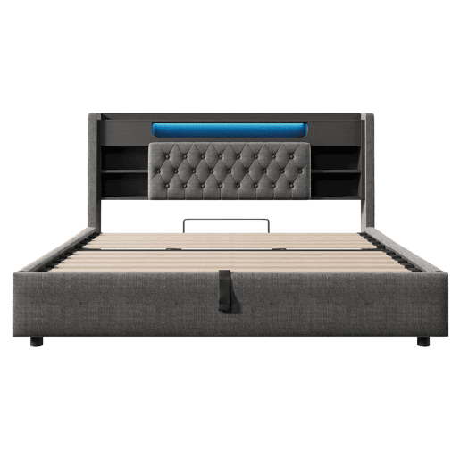 Cama estofada 180x200 cm - com baú hidráulico, LED, USBType-C, cabeceira com prateleira e arrumação - cinzenta Cama estofada 180x200 cm - com baú hidráulico, LED, USBType-C, cabeceira com prateleira e arrumação - cinzenta