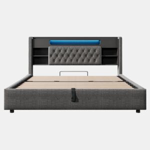 Cama estofada 180x200 cm - com baú hidráulico, LED, USBType-C, cabeceira com prateleira e arrumação - cinzenta