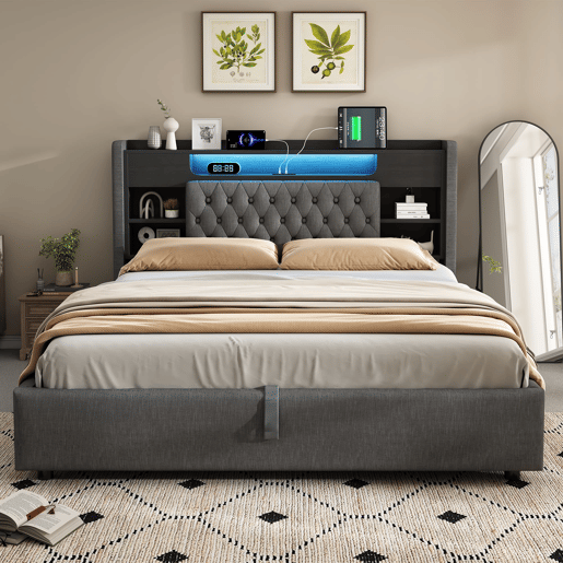 Cama estofada 180x200 cm - com baú hidráulico, LED, USBType-C, cabeceira com prateleira e arrumação - cinzenta Cama estofada 180x200 cm - com baú hidráulico, LED, USBType-C, cabeceira com prateleira e arrumação - cinzenta
