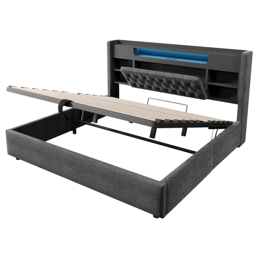 Cama estofada 180x200 cm - com baú hidráulico, LED, USBType-C, cabeceira com prateleira e arrumação - cinzenta Cama estofada 180x200 cm - com baú hidráulico, LED, USBType-C, cabeceira com prateleira e arrumação - cinzenta