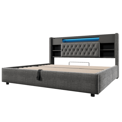 Cama estofada 180x200 cm - com baú hidráulico, LED, USBType-C, cabeceira com prateleira e arrumação - cinzenta Cama estofada 180x200 cm - com baú hidráulico, LED, USBType-C, cabeceira com prateleira e arrumação - cinzenta