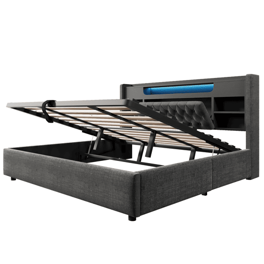 Cama estofada 180x200 cm - com baú hidráulico, LED, USBType-C, cabeceira com prateleira e arrumação - cinzenta Cama estofada 180x200 cm - com baú hidráulico, LED, USBType-C, cabeceira com prateleira e arrumação - cinzenta
