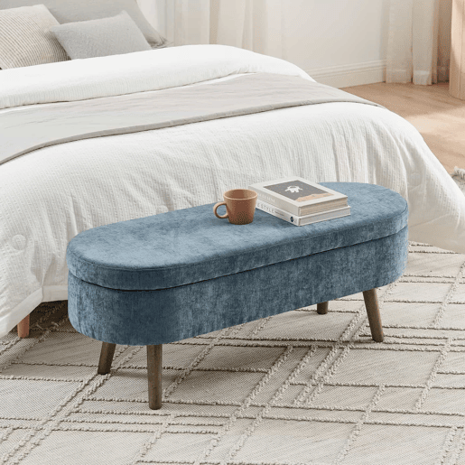 Banco com espaço de arrumação multifuncional 110 x 40 x 42 cm - tecido de chenille macio, pés de madeira, estrutura em madeira maciça, 20 L de arrumação - azul Banco com espaço de arrumação multifuncional 110 x 40 x 42 cm - tecido de chenille macio, pés de madeira, estrutura em madeira maciça, 20 L de arrumação - azul
